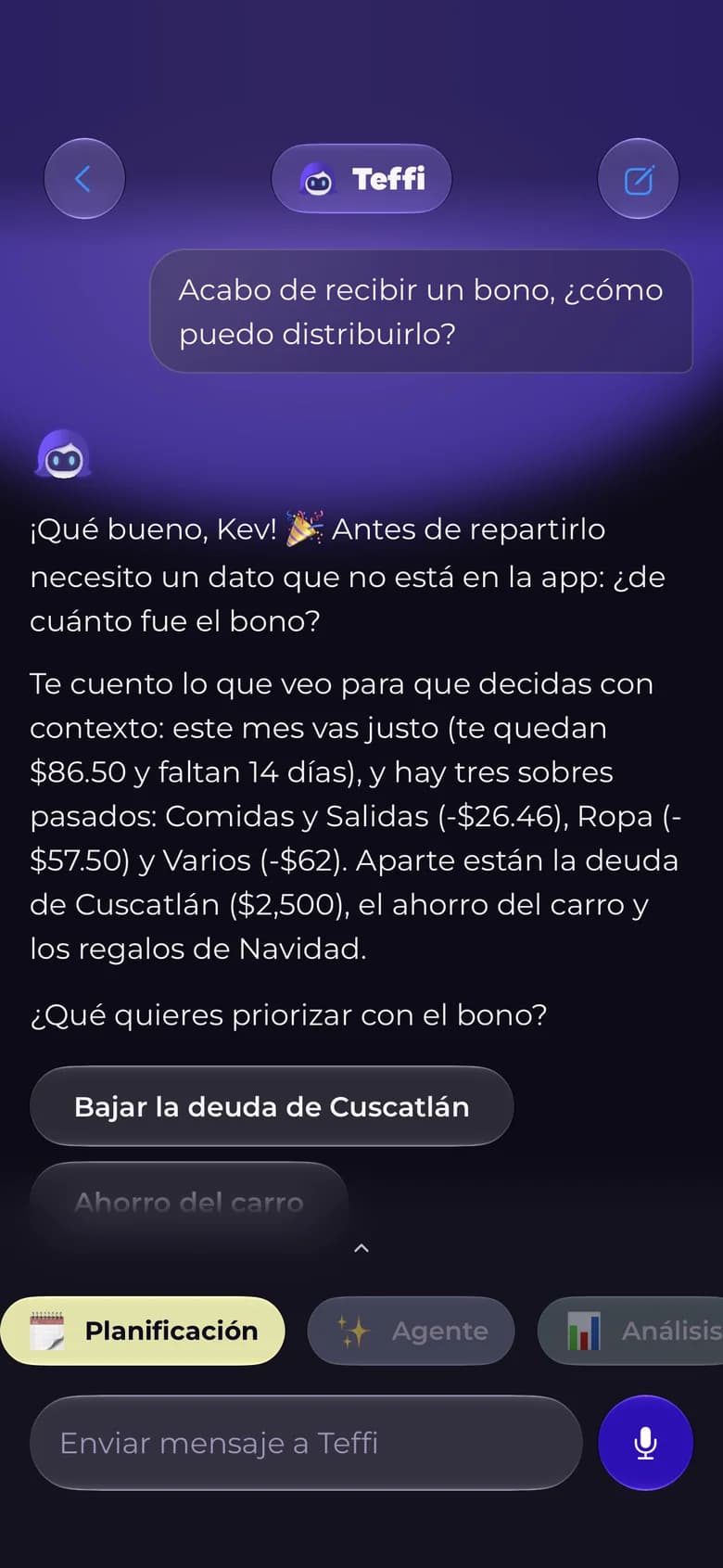 Teffi Chat en modo Planificación proponiendo cómo repartir un bono