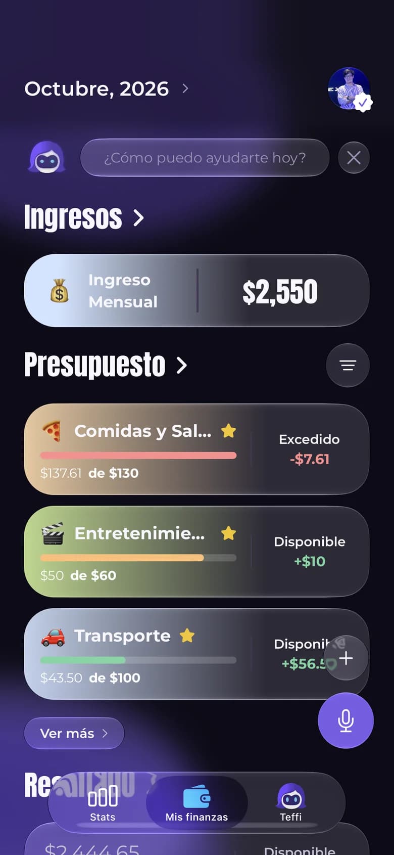 Pantalla de inicio de Teffi con ingresos y presupuestos