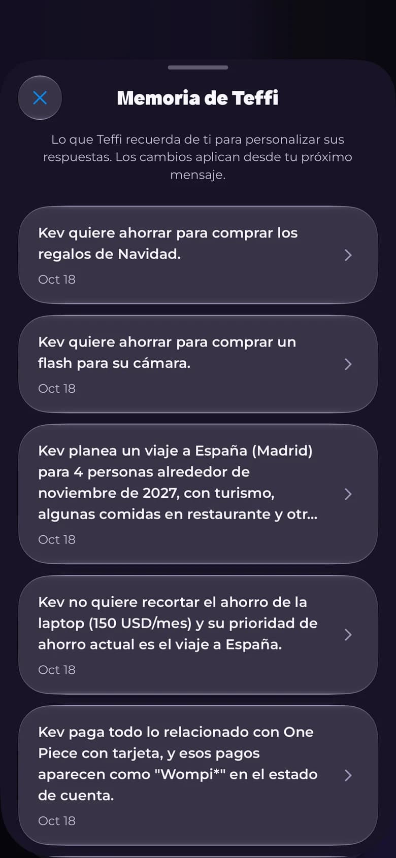 Pantalla “Memoria de Teffi” con lo que Teffi recuerda de ti para personalizar sus respuestas
