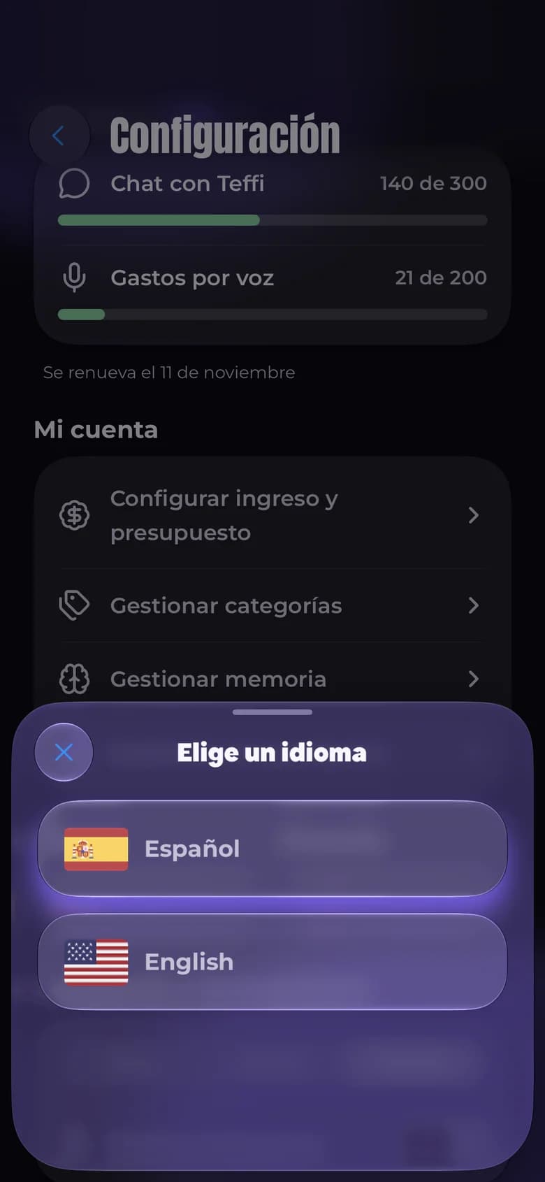 Configuración de Teffi con el selector de idioma: Español o English