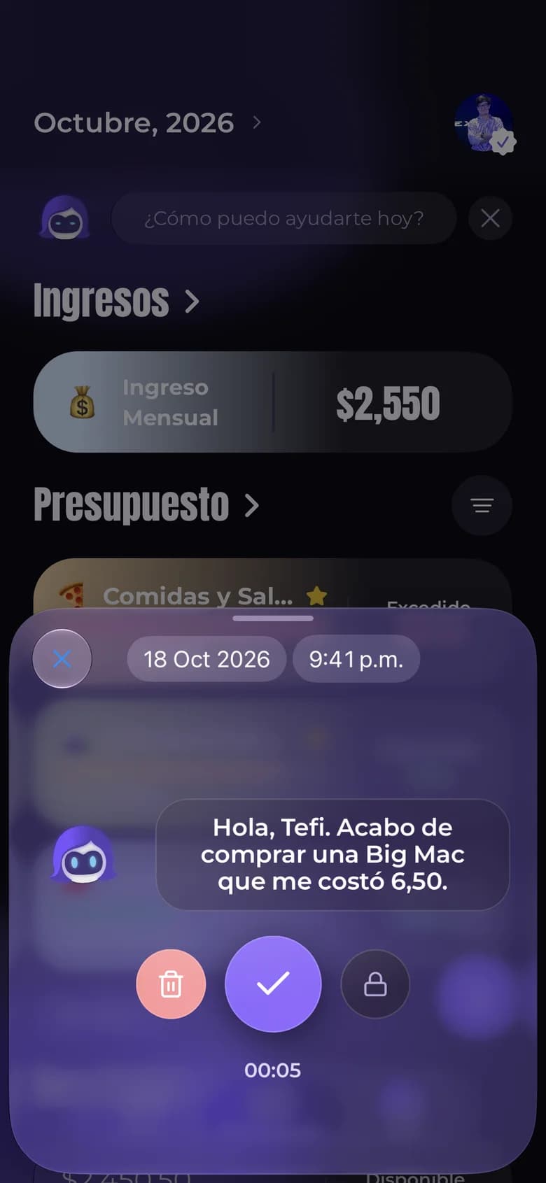 Confirmación de un gasto registrado por voz